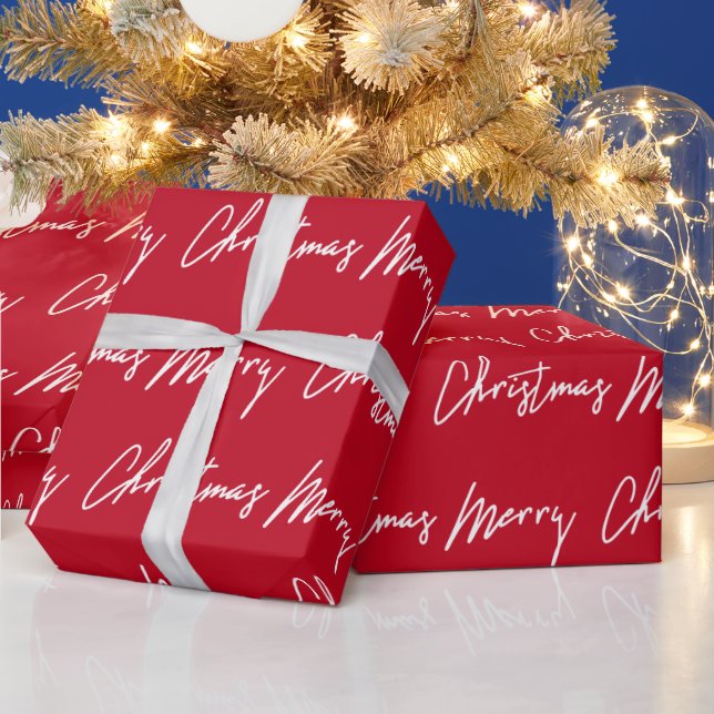 Merry Christmas Script Red White Seasonal Winter Wrapping Paper (Holidays)
