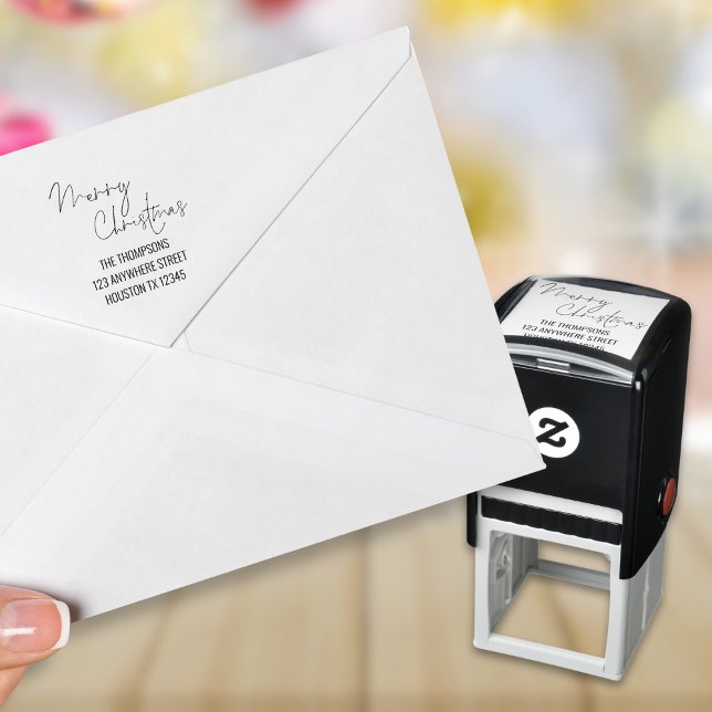 Merry Christmas Script Return Name Address Self-inking Stamp (1.5" x 1.5" self inking stamp for your festive mailings)