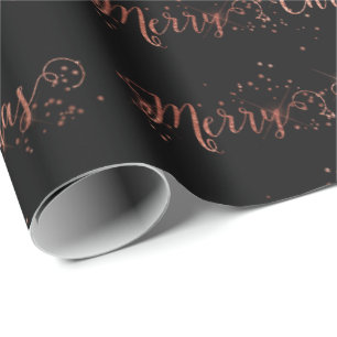 Merry Christmas Script Rose Gold Black Noir Wrapping Paper