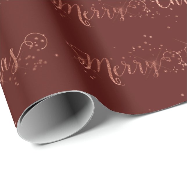 Merry Christmas Script Rose Gold Burgundy Maroon Wrapping Paper (Roll Corner)