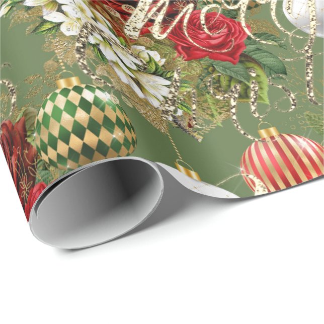 Merry Christmas Script Rose Gold Classic Red Green Wrapping Paper (Roll Corner)