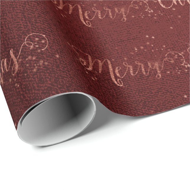 Merry Christmas Script Rose Gold Ombre Burgundy Wrapping Paper (Roll Corner)