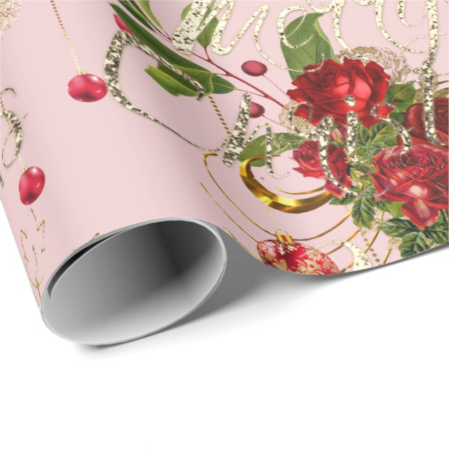 Merry Christmas Script Roses Gold Pink Mint Green Wrapping Paper (Roll Corner)
