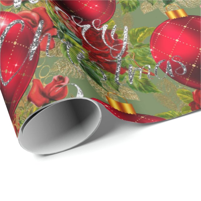 Merry Christmas Script Roses Red Mint Green Gold Wrapping Paper (Roll Corner)
