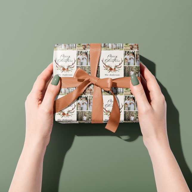 merry christmas script rustic antler photo wrapping paper (Creator Uploaded)