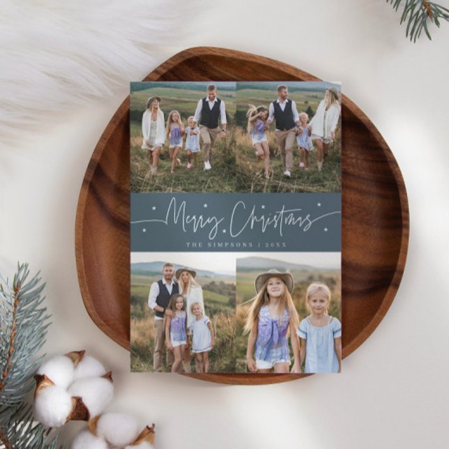 Merry Christmas Script Slate Blue Multi Photo Holiday Card (Creator Uploaded)