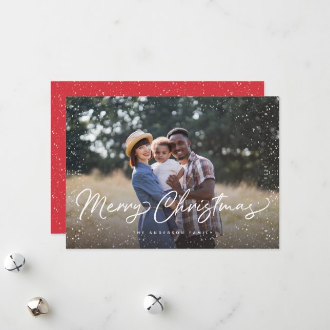 Merry Christmas Script Snow Photo Christmas Holiday Card (Front/Back In Situ)