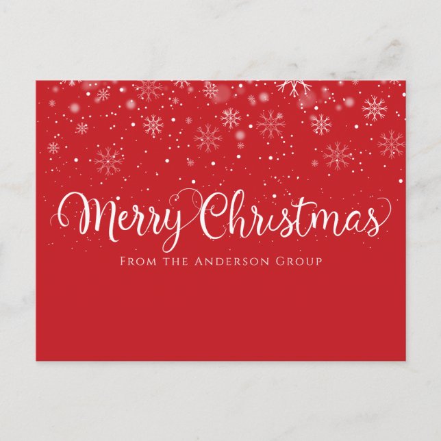 Merry Christmas Script Snow Red Business Holiday Postcard (Front)