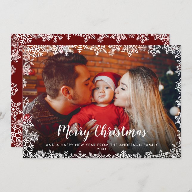 Merry Christmas Script Snowflakes Photo Holiday Card (Front/Back)