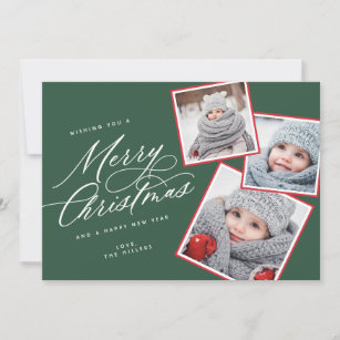 Merry Christmas Script Titled Multi-Photo Green Holiday Card