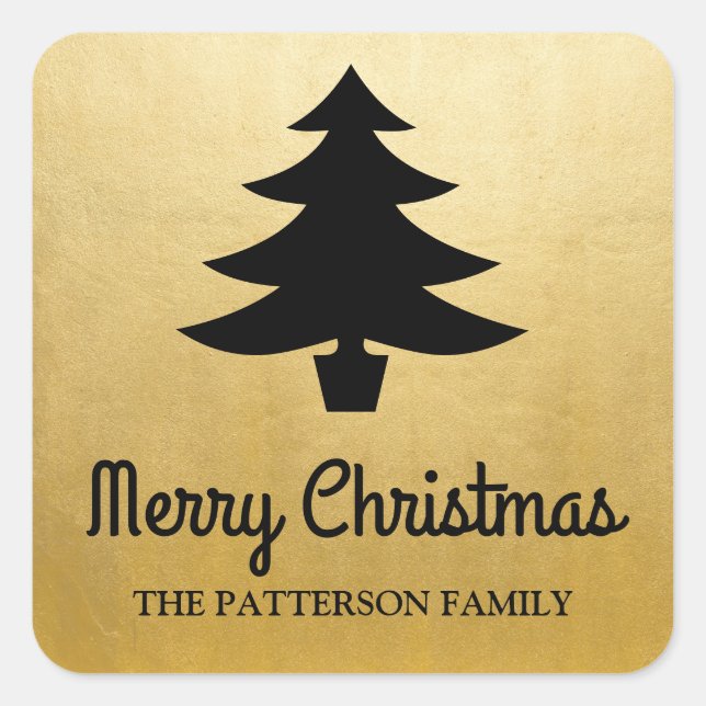 Merry Christmas Script | Tree Faux Gold Foil Square Sticker (Front)