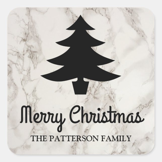 Merry Christmas Script | Tree Faux Marble Pattern Square Sticker (Front)