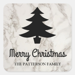 Merry Christmas Script   Tree Faux Marble Pattern Square Sticker