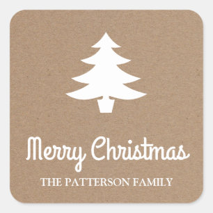 Merry Christmas Script Tree Rustic Kraft Paper Square Sticker