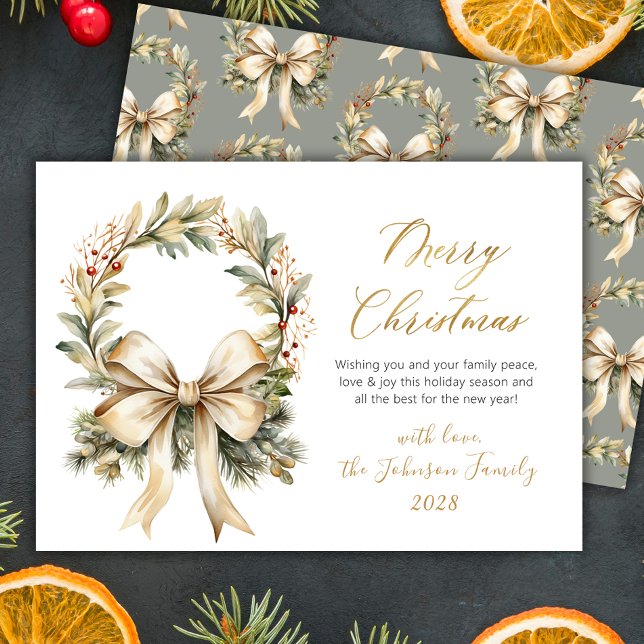 Merry Christmas Script Watercolor Gold Bow Wreath  Holiday Card (Creator Uploaded)
