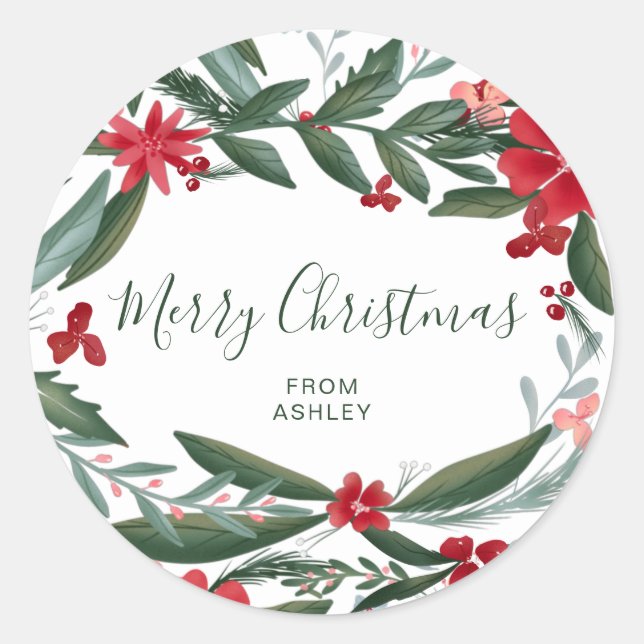 Merry Christmas script winter floral red green Classic Round Sticker (Front)