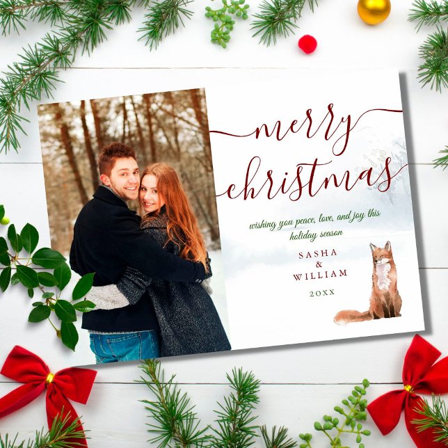 Merry Christmas Script Winter Fox Couple Photo Hol Holiday Card (Creator Uploaded)