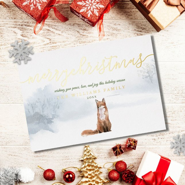Merry Christmas Script Winter Fox Gold Foil Holiday Card (Creator Uploaded)