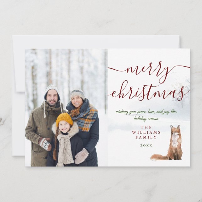 Merry Christmas Script Winter Fox Photo Holiday Card (Front)