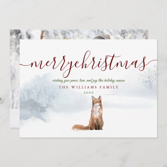 Merry Christmas Script Winter Fox Photo Holiday Card (Front/Back)