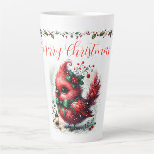 Merry Christmas Script with Whimsical Holiday Bird Latte Mug