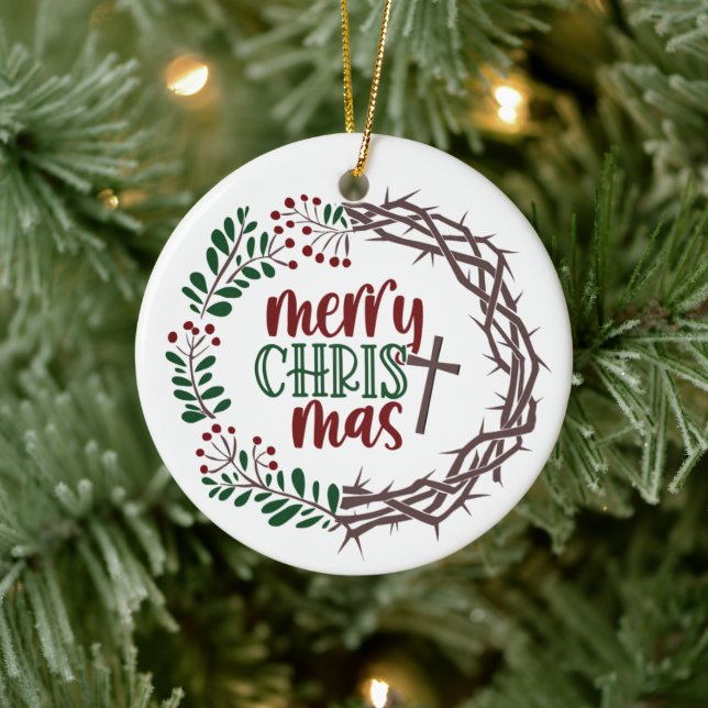 MERRY CHRISTmas Scripture Wreath Ceramic Ornament (Tree)