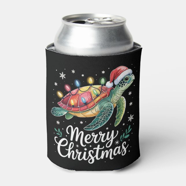 Merry Christmas Sea Turtle Santa Hat String Lights Can Cooler (Can Front)