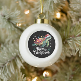Merry Christmas Sea Turtle Santa Hat String Lights Ceramic Ball Christmas Ornament
