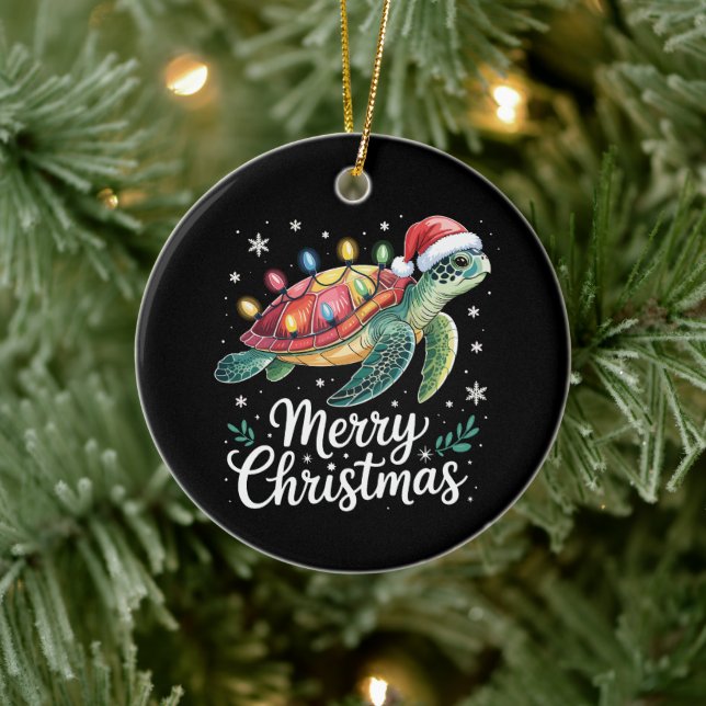 Merry Christmas Sea Turtle Santa Hat String Lights Ceramic Ornament (Tree)