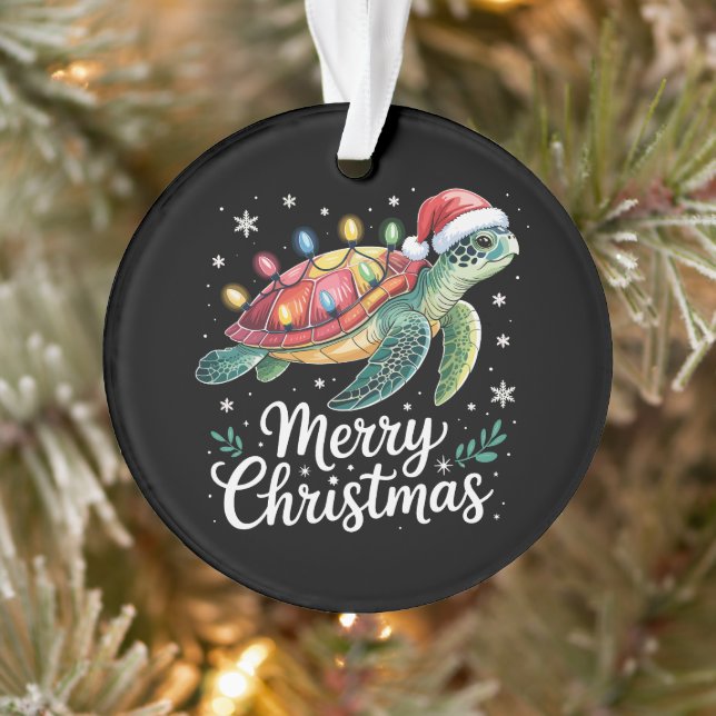 Merry Christmas Sea Turtle Santa Hat String Lights Ornament (Tree)