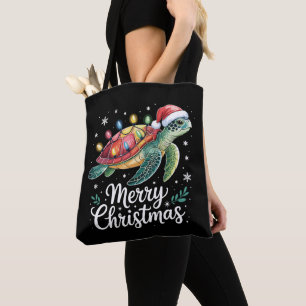 Merry Christmas Sea Turtle Santa Hat String Lights Tote Bag