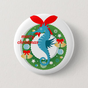 merry christmas seahorse 6 cm round badge