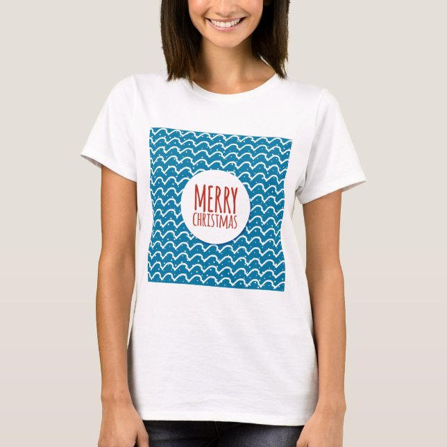 Merry Christmas Seamless Pattern Blue Texture T-Shirt (Front)