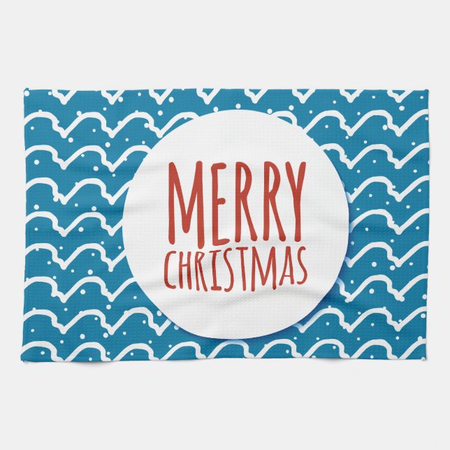 Merry Christmas Seamless Pattern Blue Texture Tea Towel (Horizontal)