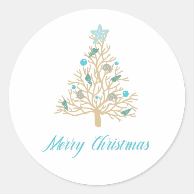 Merry Christmas Seashell Christmas Tree Classic Round Sticker (Front)