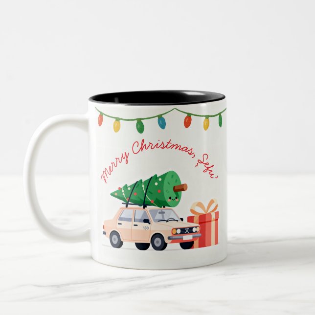 Merry Christmas Șefu’ Dacia 1300 Romanian Holiday Two-Tone Coffee Mug (Left)