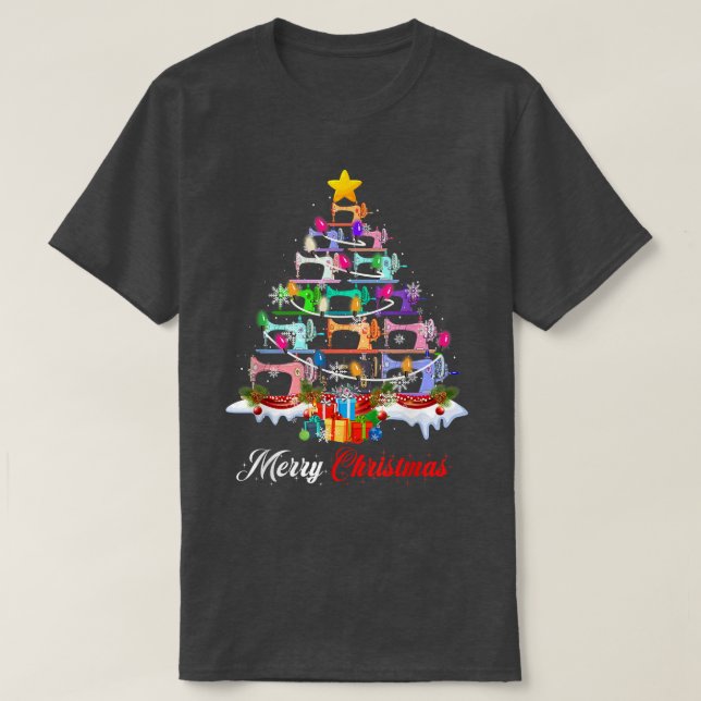 Merry Christmas Sewing Machines Xmas Tree Lights Q T-Shirt (Design Front)