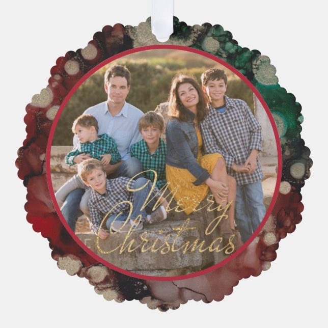 Merry Christmas Shades of Greens and Reds Template Tree Decoration Card (Front)