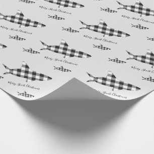 Merry Christmas Shark Black White Buffalo Plaid Wrapping Paper