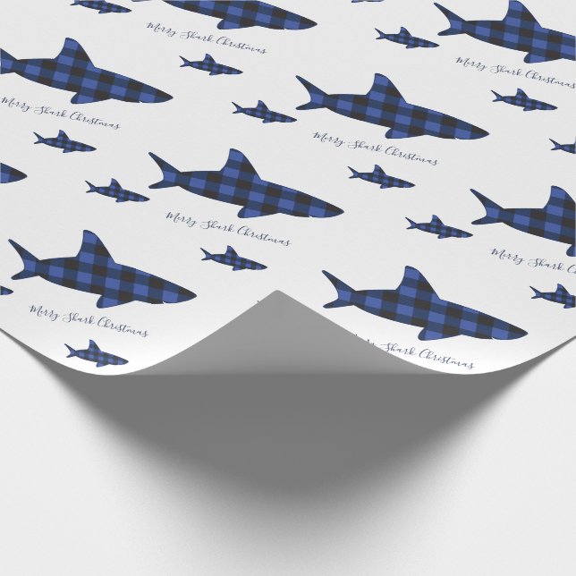 Merry Christmas Shark Blue Black Buffalo Plaid Wrapping Paper (Corner)