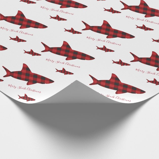Merry Christmas Shark Red Black Buffalo Plaid Wrapping Paper (Corner)