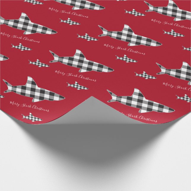 Merry Christmas Shark White Black Buffalo Plaid Wrapping Paper (Corner)