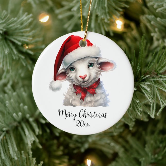 Merry Christmas Sheep in Santa Hat Red Bow Custom Ceramic Ornament (Tree)