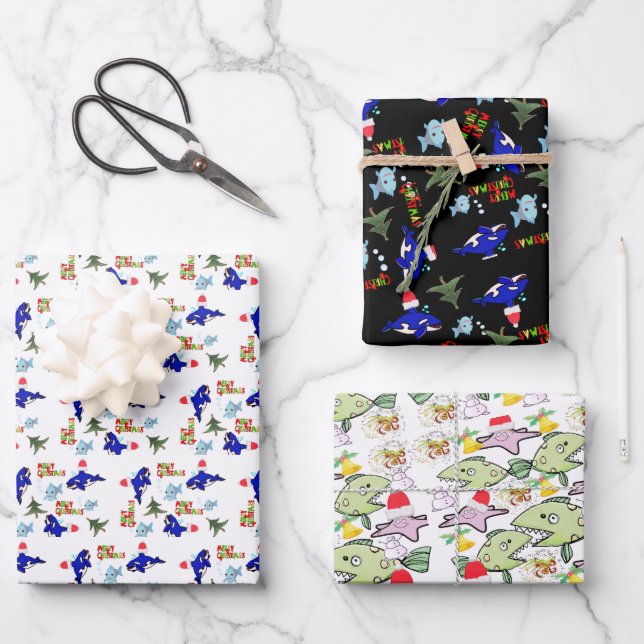 Merry Christmas Sheets Wrapping Paper Shark (Front)