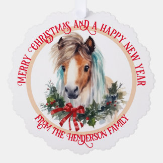 Merry Christmas Shetland pony and Xmas wreath Tree Decoration Card