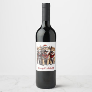 Merry Christmas Shiba Inu Santa Dogs Wine Label