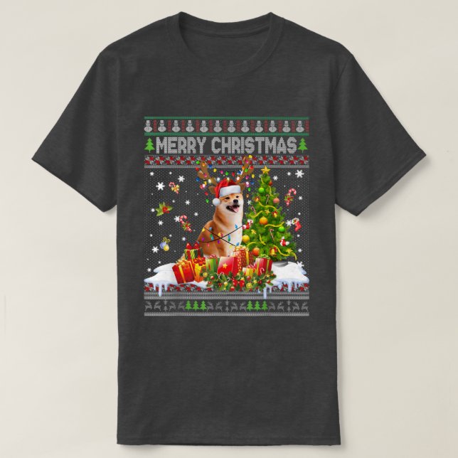 Merry Christmas Shiba Inu Santa Xmas Tree Lights U T-Shirt (Design Front)