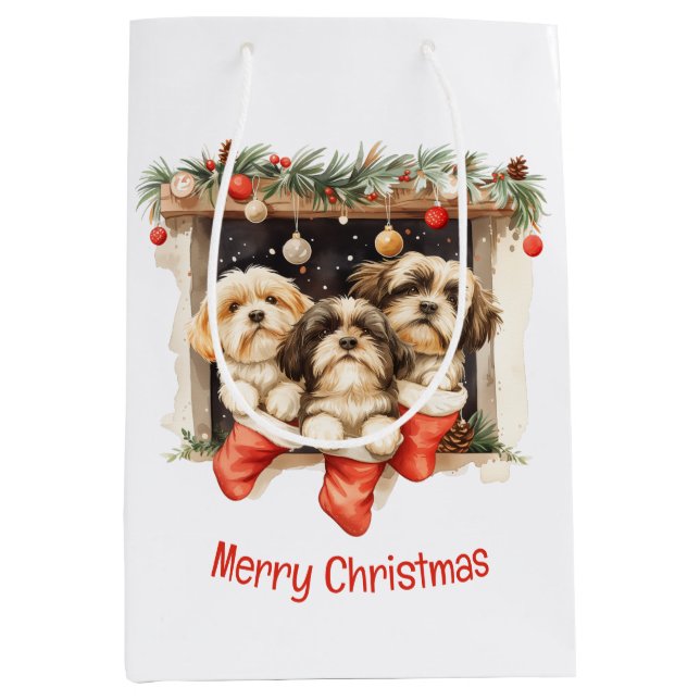Merry Christmas Shih Tzu Dogs Medium Gift Bag (Front)