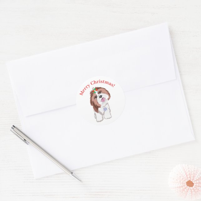 Merry Christmas Shih Tzu With Snowflake Dog   Classic Round Sticker (Envelope)