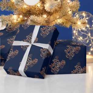 Merry Christmas Shiny Swirl Gold Text Dark Blue Wrapping Paper